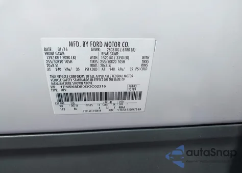 2016 Ford Explorer Xlt from USA, damaged, VIN 1FM5K8D80GGC02316